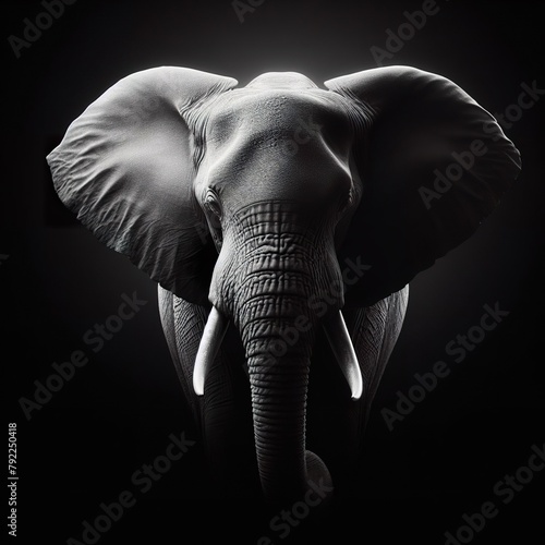 A elephant in front portrait, with the rim light. black and white