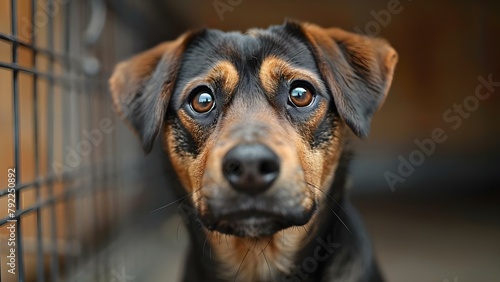 Abandoned dog in shelter cage looks out with sad eyes expressing plight. Concept Animal Rescue, Shelter Pets, Abandoned Animals, Pet Adoption, Compassion