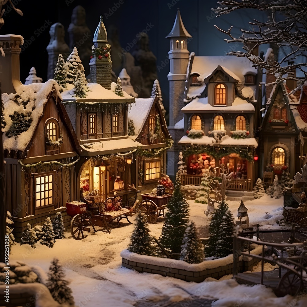 Christmas decoration with wooden houses, trees and snowflakes at night
