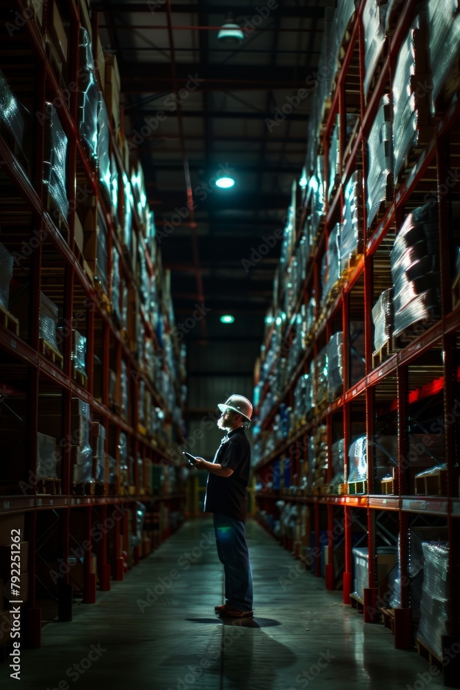 Warehouse worker organizing inventory and fulfilling orders during the night shift, ensuring timely shipments to customers, Generative AI