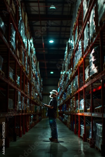 Warehouse worker organizing inventory and fulfilling orders during the night shift, ensuring timely shipments to customers, Generative AI