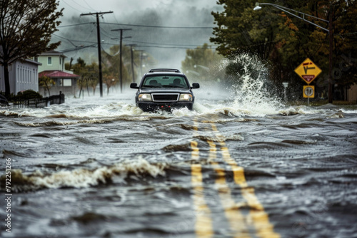  Intense Floodwaters Overtaking a Road with a Vehicle Making Its Way Through High Water photo