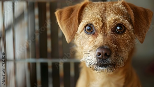 Sad-eyed dog in shelter cage conveys sense of abandonment. Concept Animal Rescue, Abandoned Pets, Shelter Dogs, Sad-eyed Portraits photo