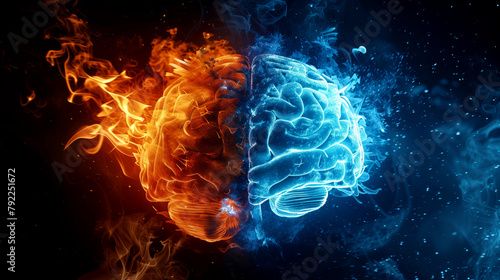 3D human brain as a hologram  blending between fire and water.