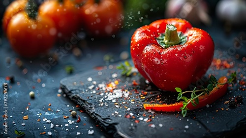 Macro shot of a quartered red bell pepper, its vibrant crimson pulp exposed on a dark slate block A sprinkle of flaky sea salt and a sprig of fresh thyme add visual interest Blurred background of a su photo