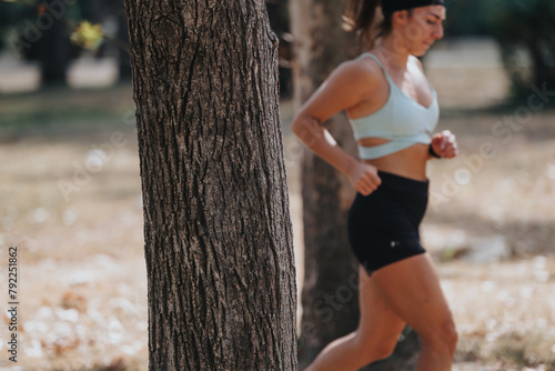 Sports woman running in park on a sunny day. Focus on tree. Copy space.
