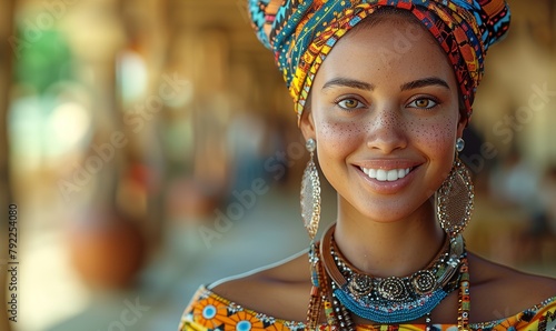 A vibrant woman exudes joy and fashion with her colorful head wrap