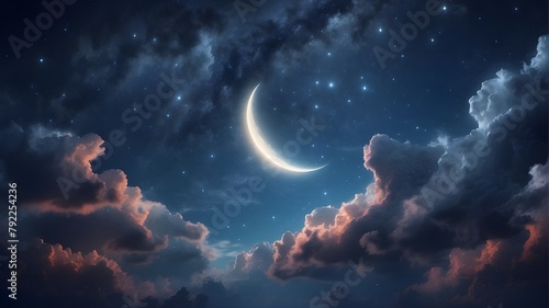 A calm night sky with fluffy clouds and sparkling stars surrounding a bright crescent moon.