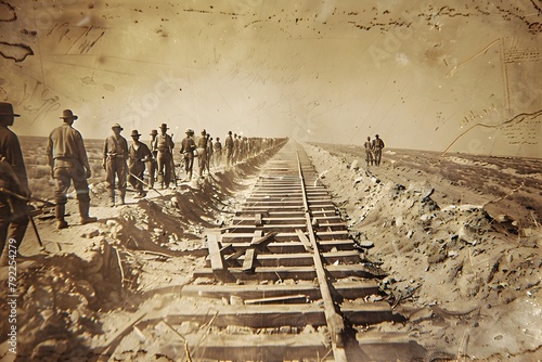 Monumental Effort in Transcontinental Railroad Construction A Vintage Sepia Toned Depiction of Workers and Tools Shaping the Path of Progress photo