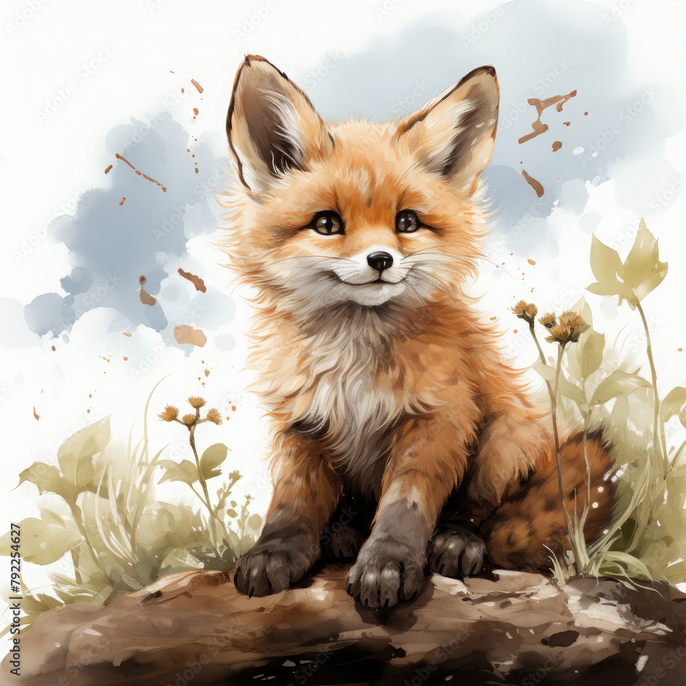 Watercolor fox sitting on the moon, clipart Illustration, Generative Ai