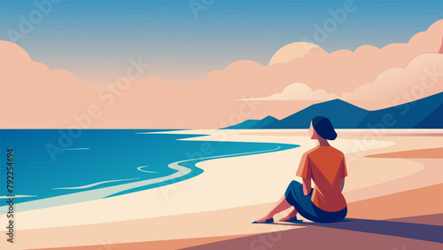 A woman sits alone on a deserted beach watching the waves crash against the shore. As she immerses herself in the beauty of her surroundings