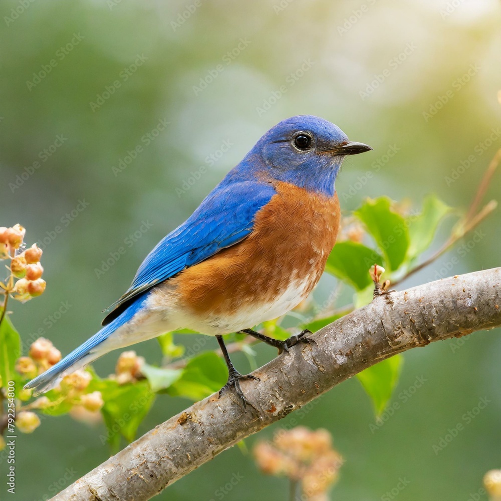 Gorgeous male eastern bluebird perched on a branch