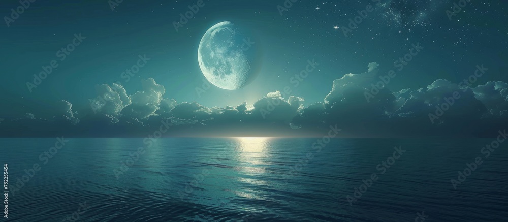 The glowing full moon shines brightly over the vast expanse of the ocean under the dark night sky, casting a surreal and tranquil glow