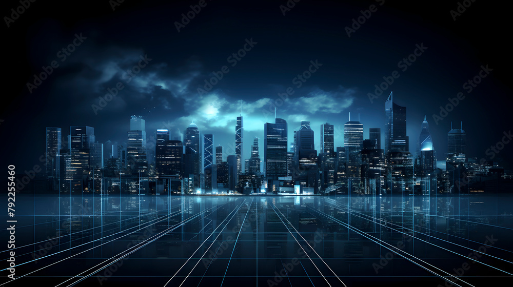 Fototapeta premium Digital technology dark blue modern city theme poster web page PPT background