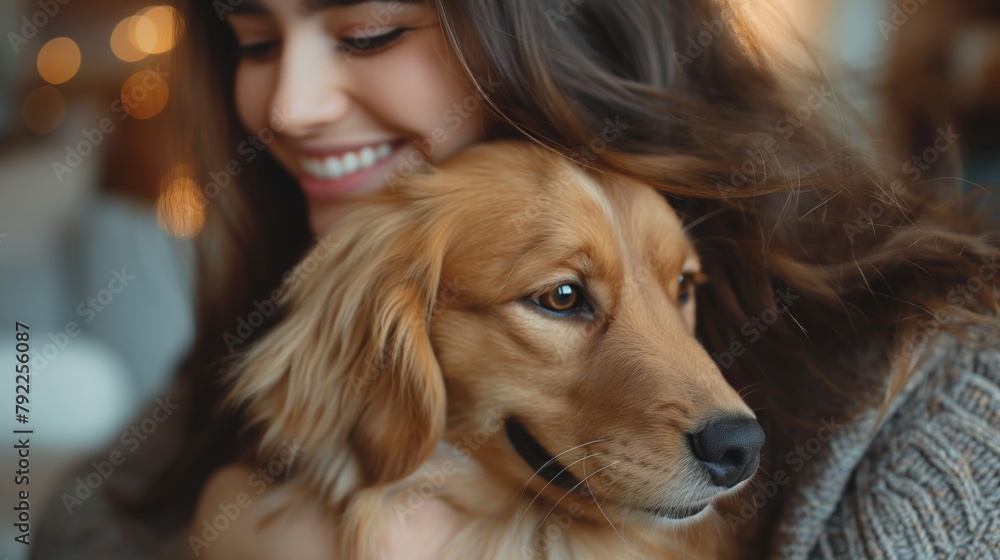 Smiling woman embracing golden retriever indoors, showcasing affection and companionship, Concept of pet ownership, love, and care Smiling woman embracing golden retriever indoors, showcasing affection and companionship, Concept of pet ownership, love, and care
