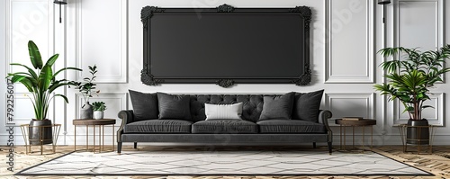Black frame mockup in classic white interior with modern furniture photo