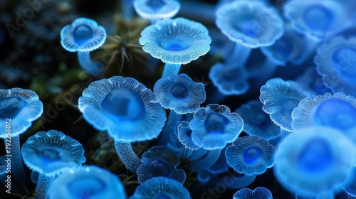 A vibrant blue fungal spore with a textured surface reminiscent of a miniature planet.