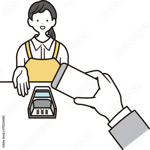 カフェで働く女性スタッフがスマートフォン決済の案内をしているの上半身とスマホを持った手のイラスト素材