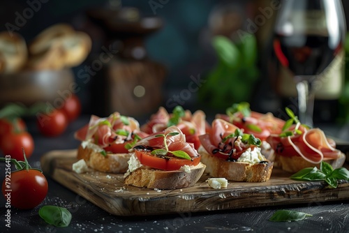 bruschetta and wine on a piece of wood