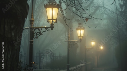 The hazy glow of vintage street lamps casting a romantic ambiance on a deserted street evoking a sense of nostalgia and mystery. .
