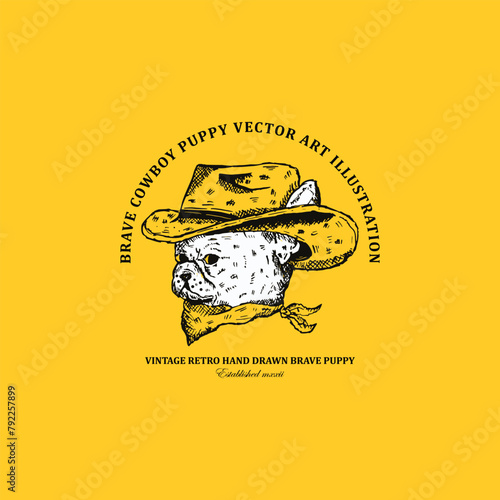 Vintage retro sketch art cute cowboy dog with cowboy hat and mask vector illustration isolated on yellow background