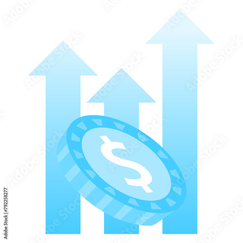 Coin and upward arrow graph, financial, investment, money, blue color object on white background