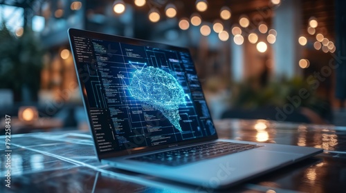 Conceptual image of a laptop displaying a brain network, concept of artificial intelligence and machine learning photo