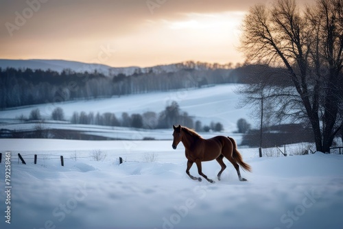 'horse runs winter brown landscape animal equestrian nature outdoors winterly fast snow snowflake cold white blue pet farm freedom active trot speed field pasture meadow'