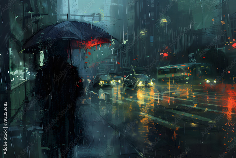 雨の中、街で傘をさす女性