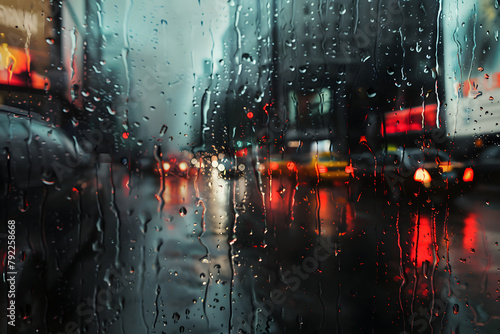 雨の日に街の道路を窓から見つめる