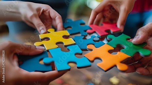 Hands assembling colorful puzzle pieces, Concept of teamwork, strategy, and problem-solving