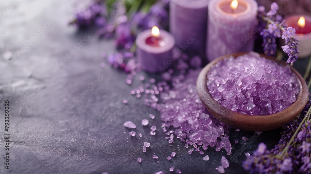 Relaxing spa setting with purple salt crystals and candles, Concept of wellness, self-care, and aromatherapy