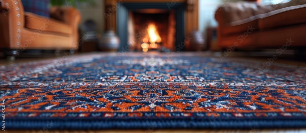 Fototapeta premium Displaying a close-up view, a rug is positioned on the floor in front of a fireplace, creating a cozy and inviting atmosphere