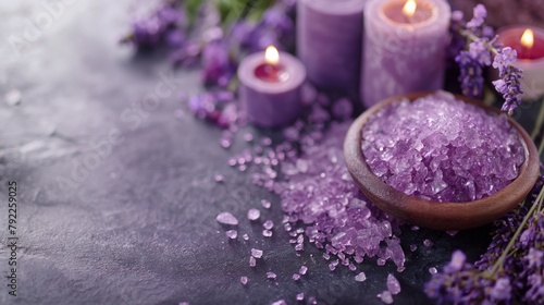 Relaxing spa setting with purple salt crystals and candles  Concept of wellness  self-care  and aromatherapy