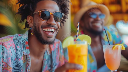 Two joyful men enjoying tropical cocktails during a vibrant summer vacation, concept of friendship and leisure travel