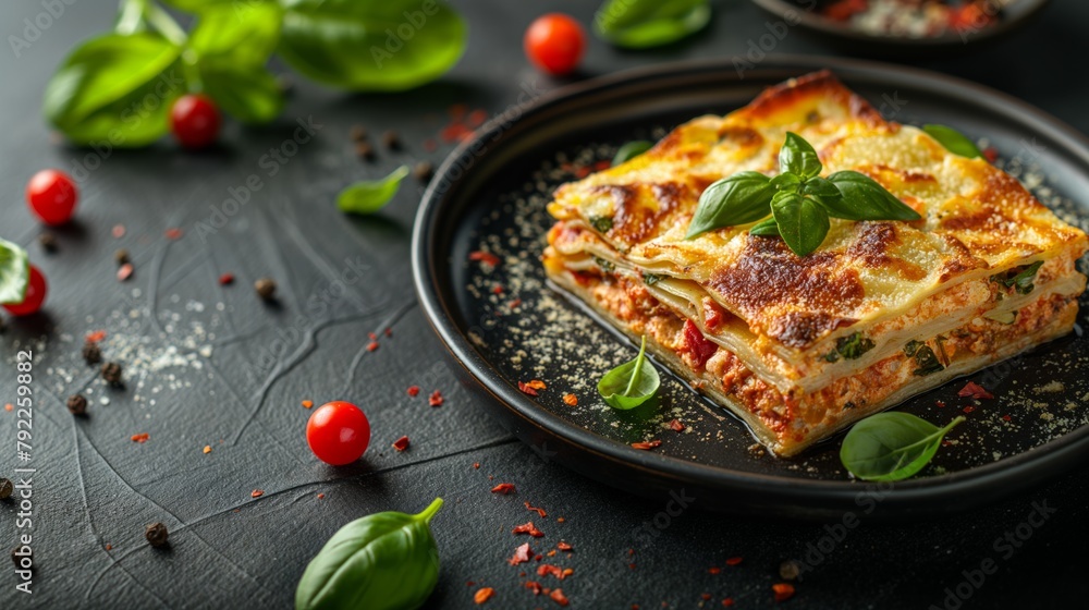 Delectable layered lasagna garnished with basil on a black plate, representing Italian cuisine and the joy of eating Delectable layered lasagna garnished with basil on a black plate, representing Italian cuisine and the joy of eating