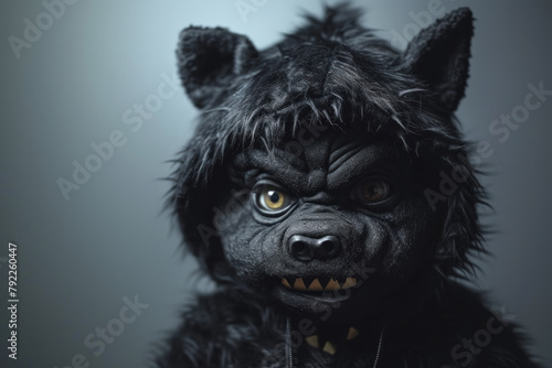 Person in Intriguing Black Wolf Costume with Intense Yellow Eyes Adding Drama and Mystery photo