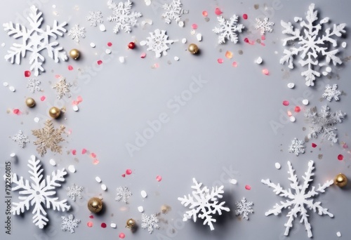 'top composition. lay made Winter frame Christmas background. gray confetti concept. Flat snowflakes view pastel snowflake snow light happy texture new year backgro'
