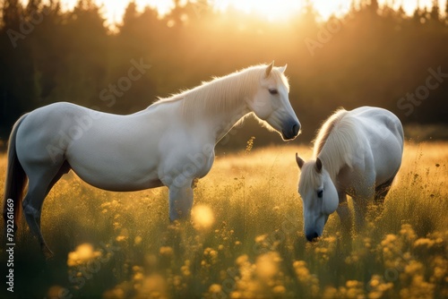 'wild sunlit meadow horses graze animal background beautiful farm field herd mustang nature sunset equestrian evening landscape mammal mare pasture ranch rural summer free horse red fast steppe foal'