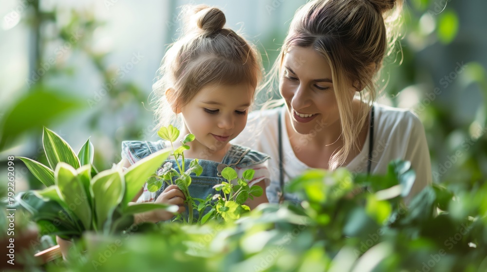 Caring mother teaching daughter about plants in a bright, lush greenhouse, concept of family bonding and early education in nature Caring mother teaching daughter about plants in a bright, lush greenhouse, concept of family bonding and early education in nature