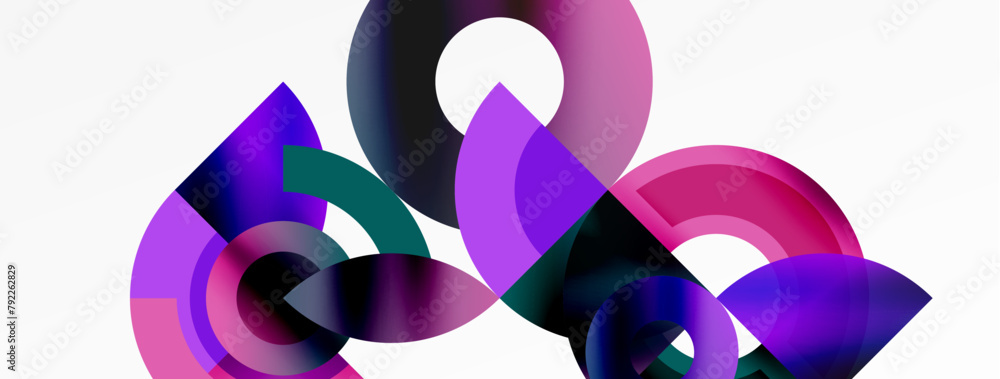 A mesmerizing art piece featuring a mix of purple, pink, and electric blue circles and triangles in a symmetric pattern on a white backdrop A mesmerizing art piece featuring a mix of purple, pink, and electric blue circles and triangles in a symmetric pattern on a white backdrop