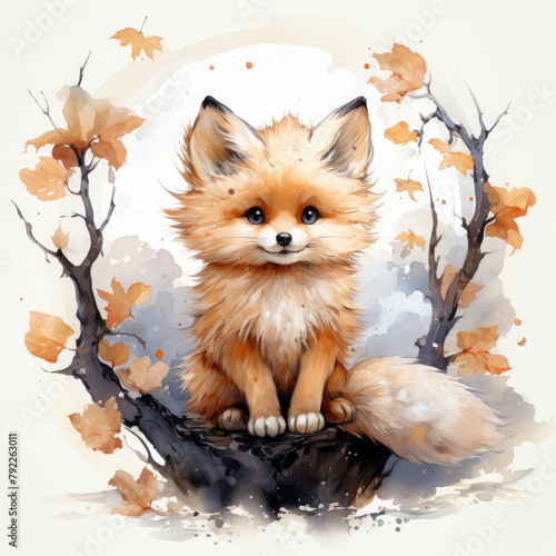 Watercolor fox sitting on the moon, clipart Illustration, Generative Ai