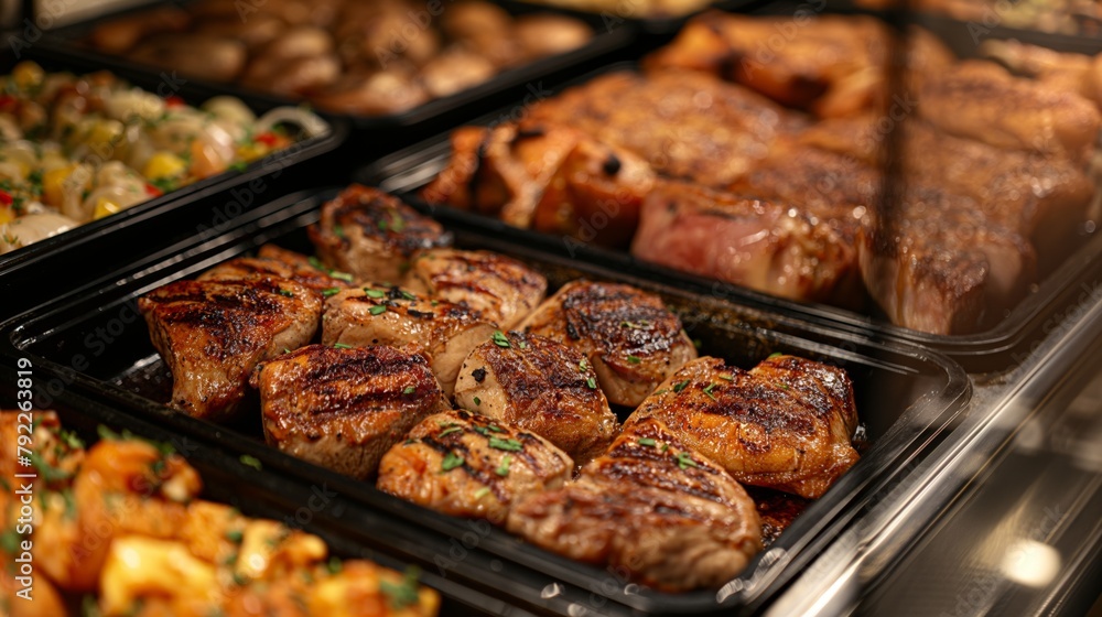 Deliciously grilled chicken thighs arranged in a black takeout container, showcasing a variety of cooked meats and vegetables in the background, concept of gourmet food to-go.