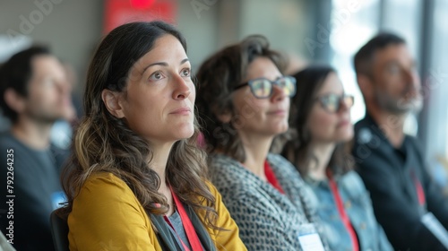 Focused audience attentively listening at a conference, engaging with educational content - Concept of professional development, adult education, and knowledge sharing © Suryani