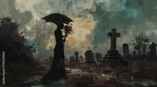 woman in black standing at the grave holding an umbrella, Young woman holding a black umbrella mourning at the cemetery photo