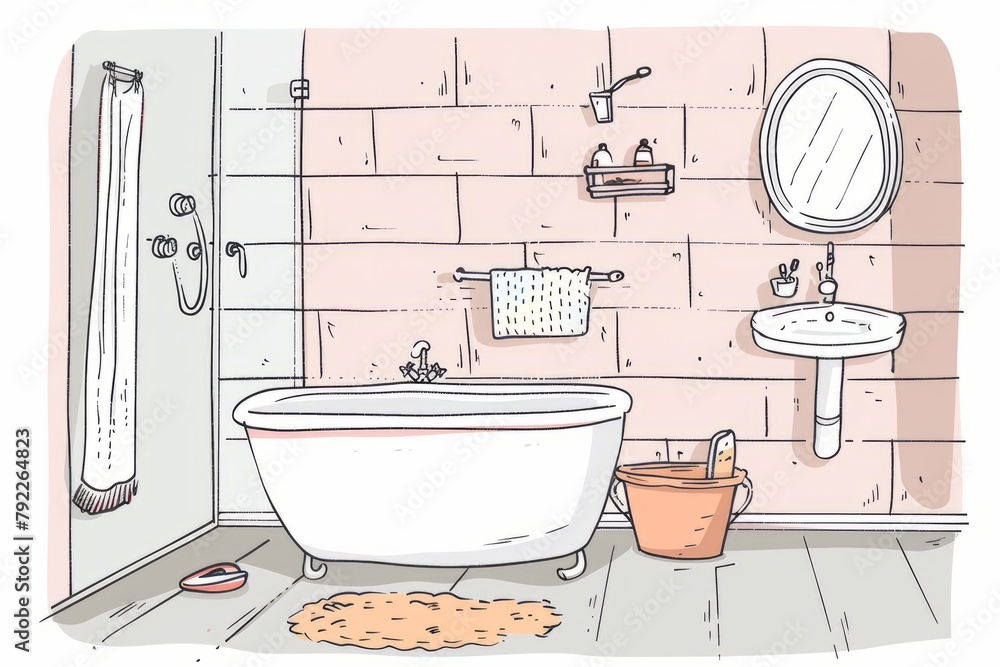 Cartoon cute doodles of an empty bathroom with a bathtub, shower, sink, and fluffy towels, Generative AI Cartoon cute doodles of an empty bathroom with a bathtub, shower, sink, and fluffy towels, Generative AI
