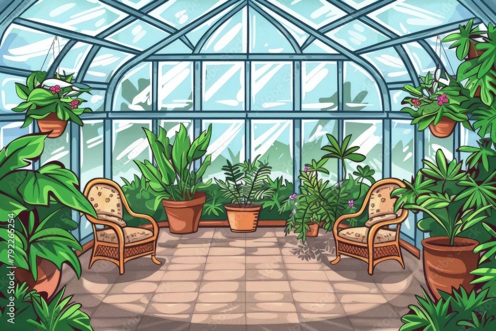 Cartoon cute doodles of an empty conservatory with glass walls, potted plants, and wicker furniture, Generative AI Cartoon cute doodles of an empty conservatory with glass walls, potted plants, and wicker furniture, Generative AI