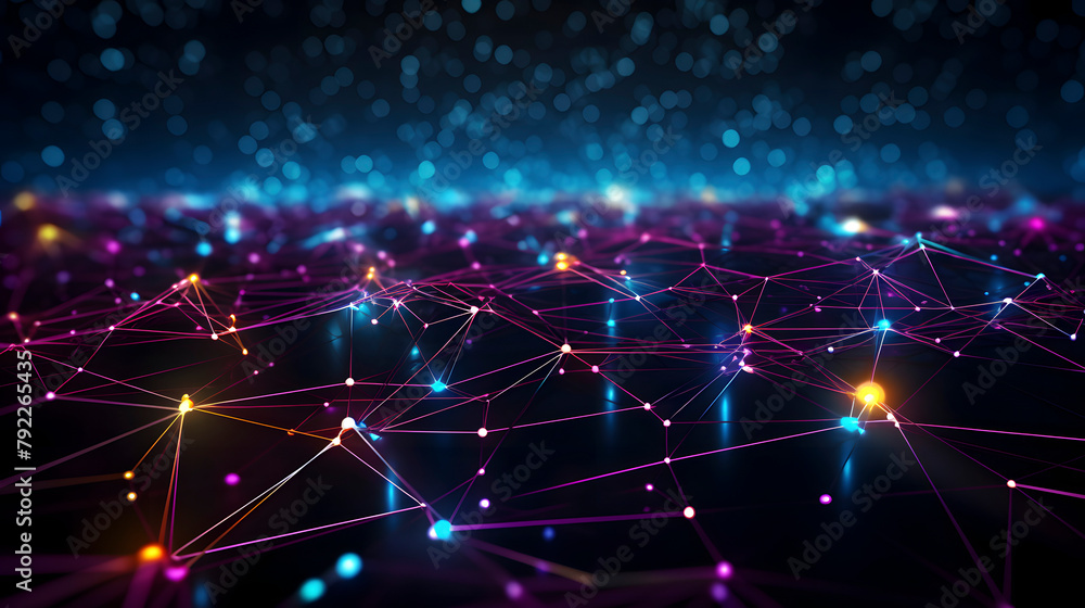Obraz premium Digital technology neon dotted line navigating future trajectories in the AI-landscape PPT background