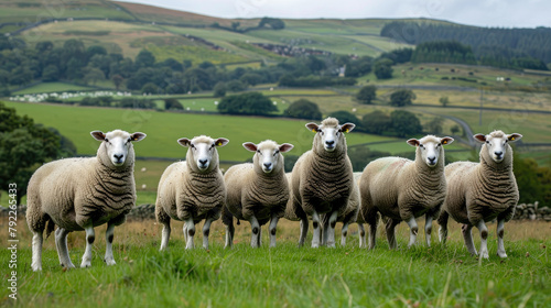a herd of sheep all looking towards the camera