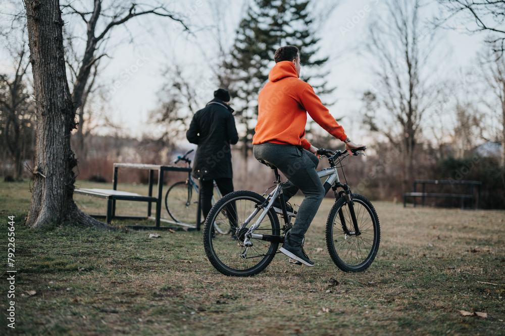 A young adult male cyclist takes a leisurely ride through a tranquil urban park, embodying a healthy, active lifestyle.